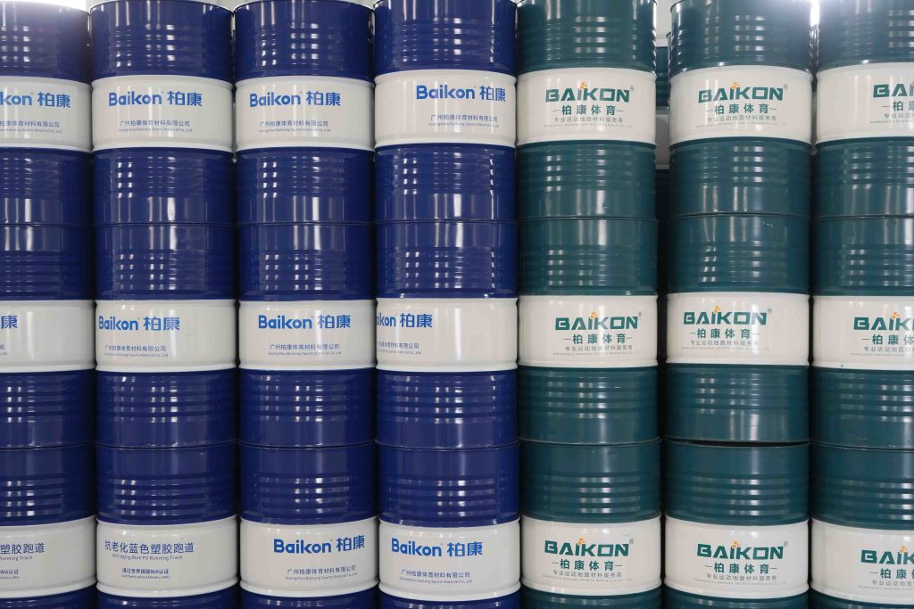 PU running track material barrels at our sports court flooring manufacturer
