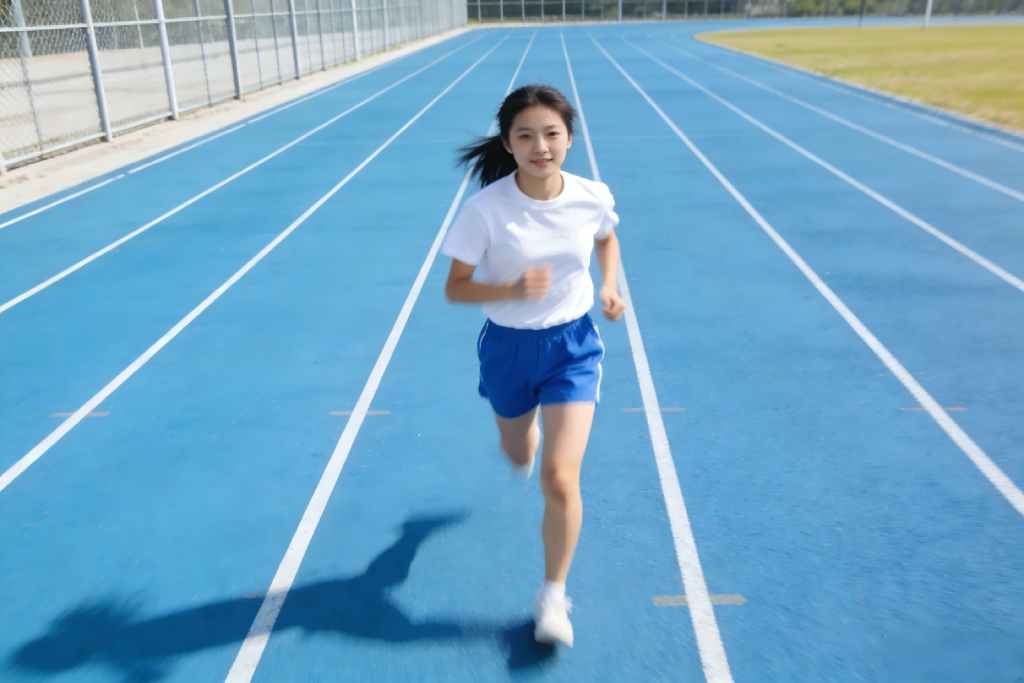 Girl running on blue synthetic athletic track, built with our sports court surface solutions