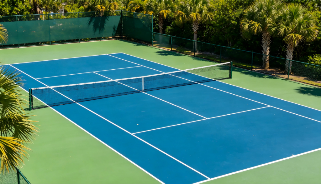 Completed acrylic sports court construction in tropical Southeast Asia
