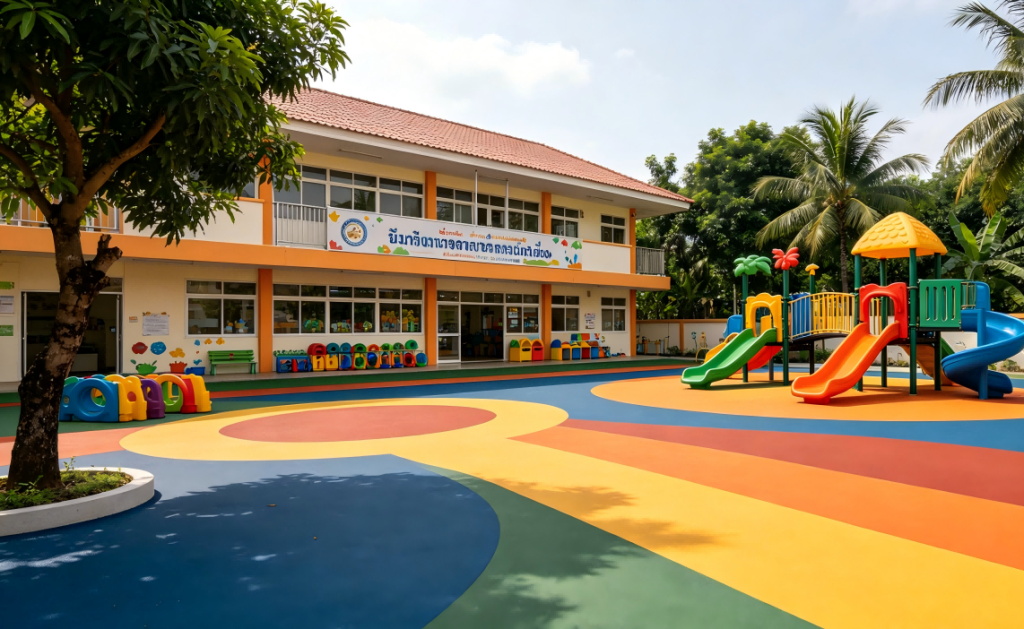 Baikon low-humidity formula EPDM installation for Bangkok public kindergarten government procurement project, constructed during pre-monsoon humid season, passed Thailand preschool environmental inspection