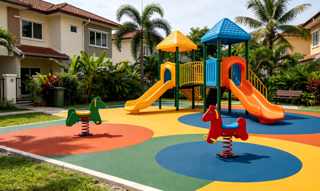 Baikon 20mm double layer tropical EPDM playground flooring at Puchong Malaysia residential community kids park, intact after one year tropical high temp & rainy season, no bulging no fading