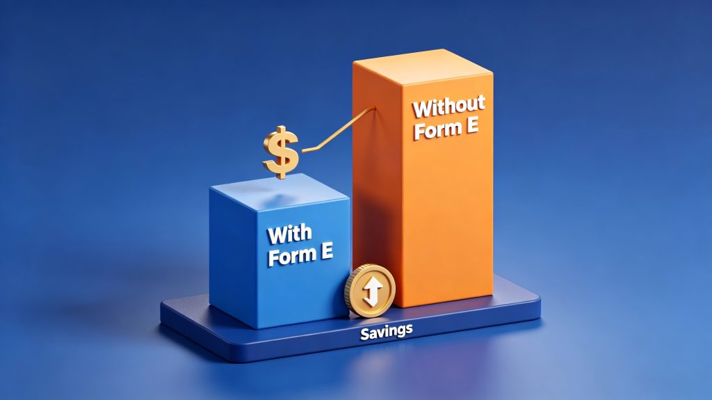 Tariff cost comparison chart with and without Form E certificate for sports flooring exported to Malaysia
